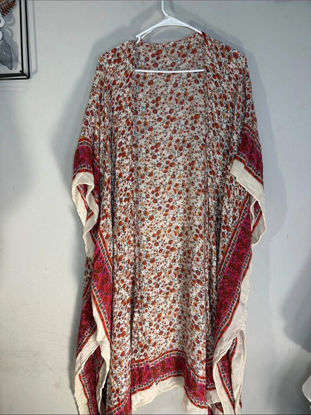 Boho Floral Kimono Wrap — Cream with Pink & Red Border